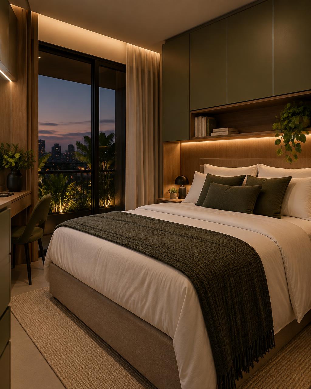 Quarto de studio com marcenaria personalizada e enxoval hoteleiro